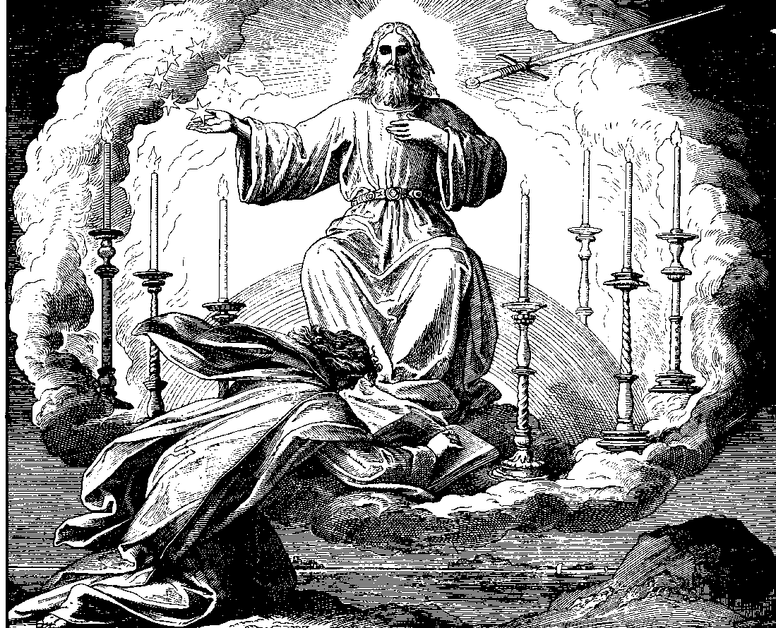 Woodcut: the glorified Lord, in a long robe with a golden girdle and holding seven stars, stands among seven golden lampstands while John lies at His feet as though dead.